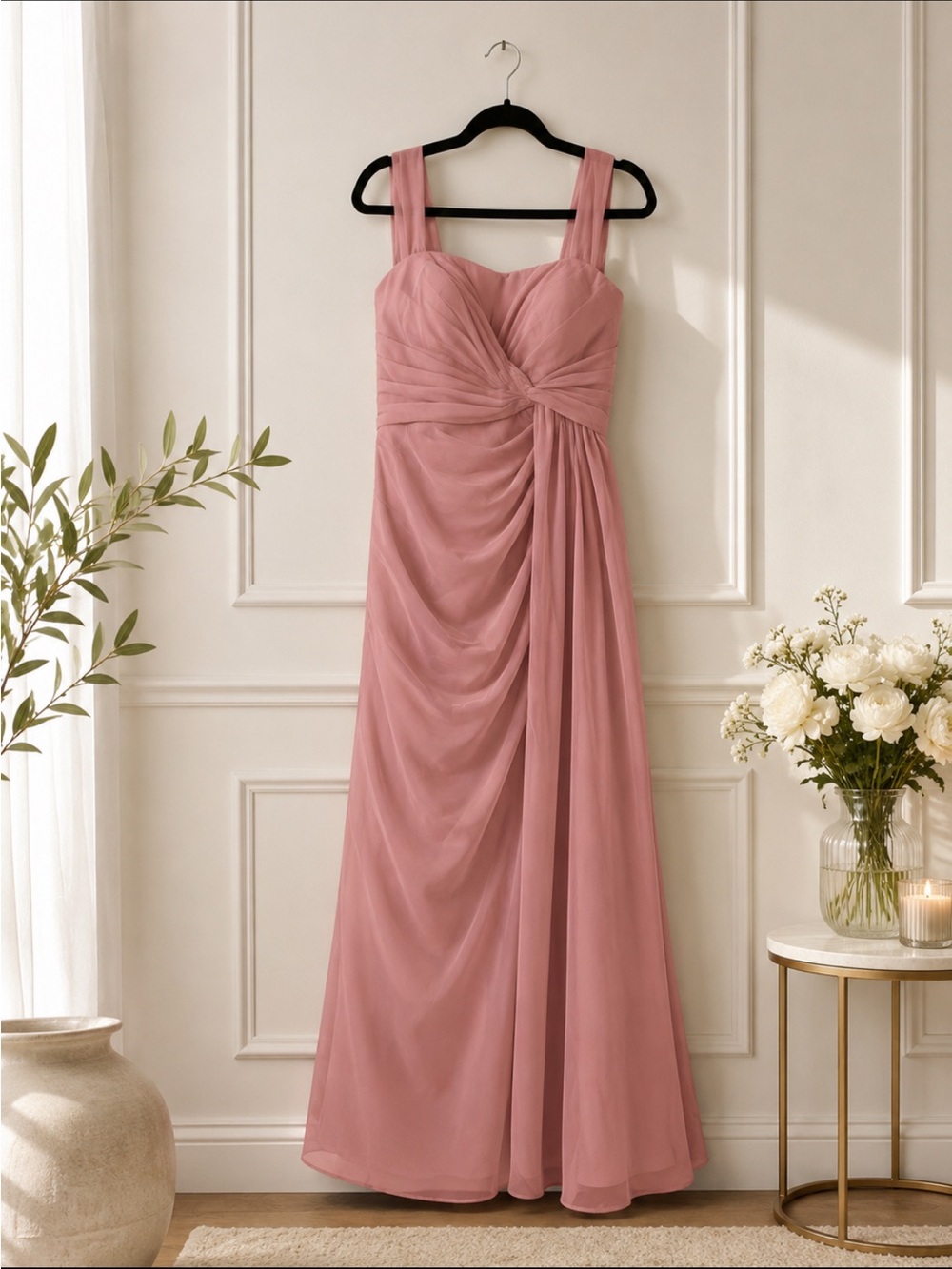 Elegant Dusty Rose Chiffon Evening Dress - Sleeveless Ruched Bodice - Picture 2 of 3